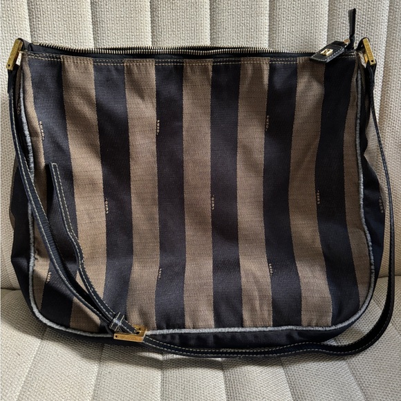 Fendi Black Brown Pequin Canvas Shoulder Bag - Picture 2 of 16
